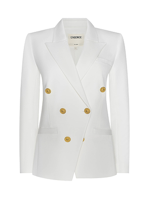 The Kyomi Double-Breasted Blazer is a white blazer made from stretch suit fabric, featuring gold buttons, a notched lapel collar, and two front flap pockets. Displayed on a plain background.