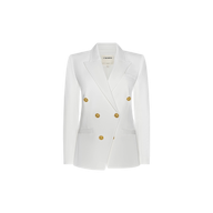 The Kyomi Double-Breasted Blazer is crafted from stretch suit fabric and features gold buttons, long sleeves, and a notched lapel. It is displayed on a plain white background.