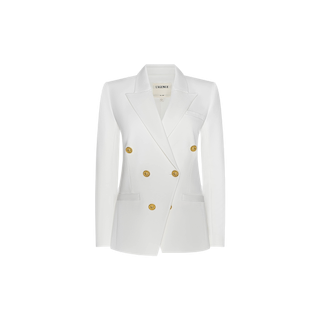 The Kyomi Double-Breasted Blazer is crafted from premium stretch suit fabric and features peak lapels and six gold buttons on the front, showcased on a plain white background.