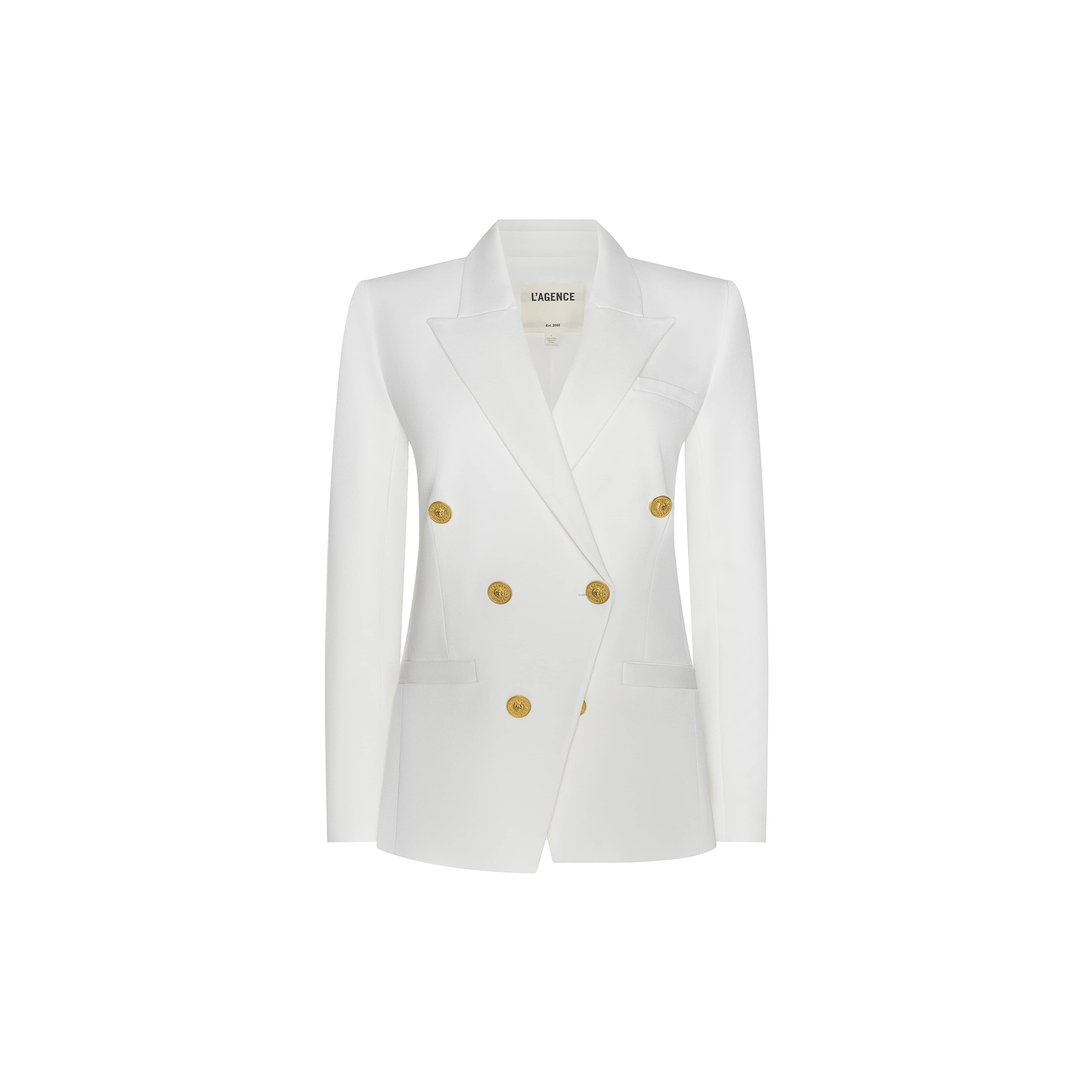 The Kyomi Double-Breasted Blazer is crafted from stretch suit fabric and features gold buttons, long sleeves, and a notched lapel. It is displayed on a plain white background.