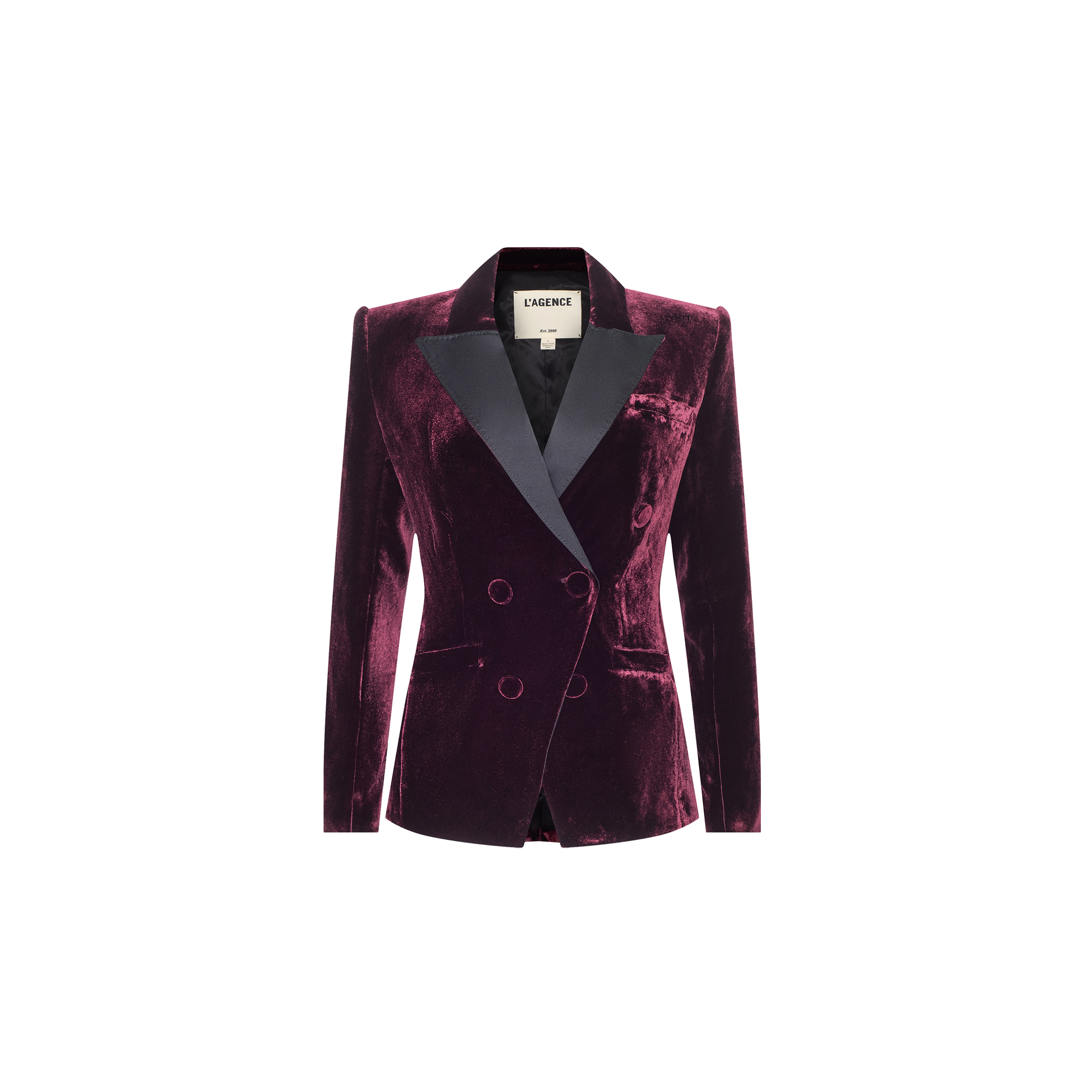 The Kyomi Velvet Blazer features a deep burgundy red double-breasted design with black satin lapels, long sleeves, and a tailored fit, displayed against a plain white background.