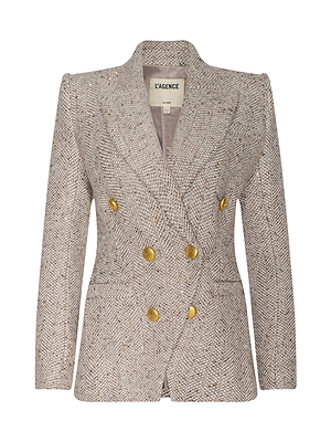 The Kyomi Tweed Blazer is a light brown Italian wool-blend double-breasted jacket with gold buttons, peaked lapels, and two front pockets, displayed against a plain white background.