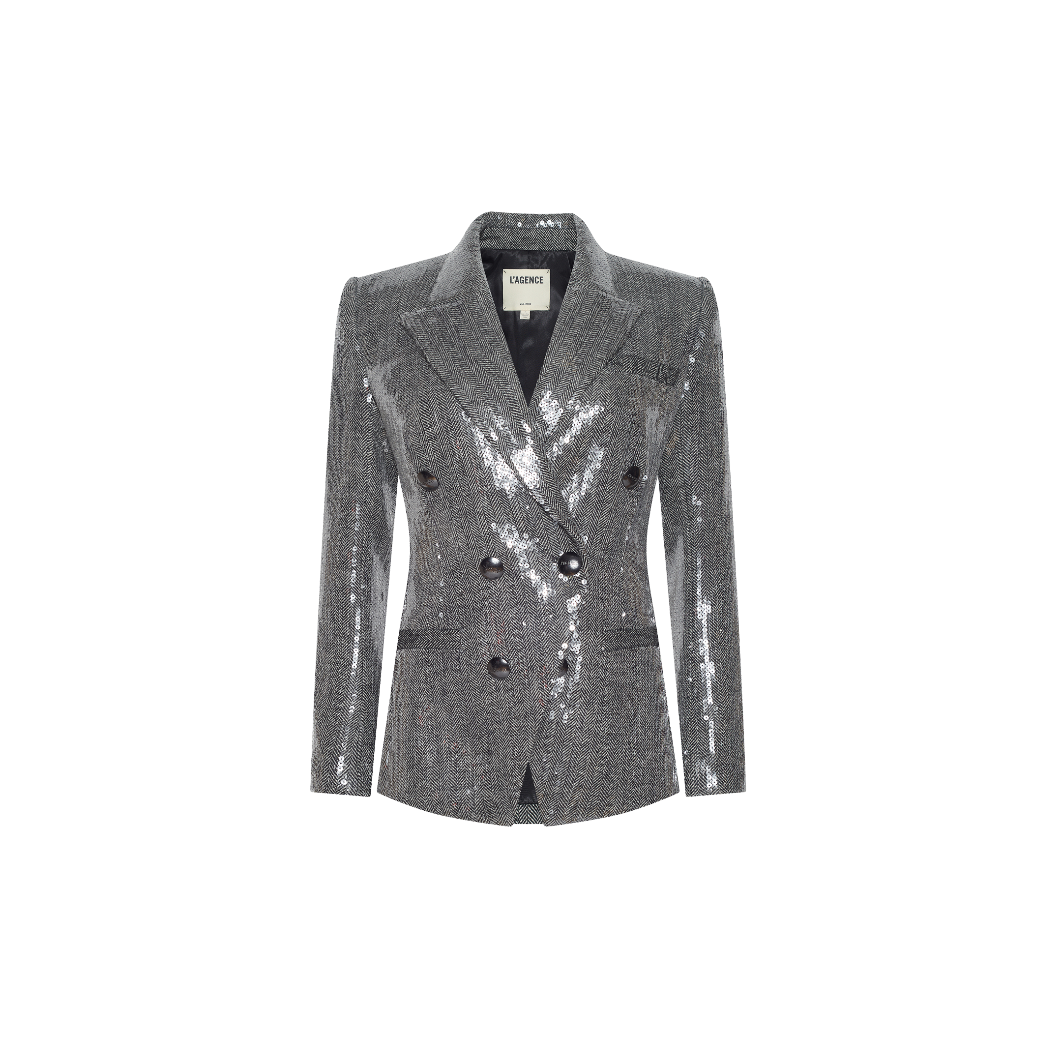 Kyomi Sequined Blazer, a double-breasted silver sequined blazer with notch lapels, three pairs of buttons, and a classic houndstooth pattern.