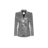 Kyomi Sequined Blazer, a double-breasted silver sequined blazer with notch lapels, three pairs of buttons, and a classic houndstooth pattern.