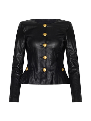 The Mariella Leather Jacket is a collarless black lambskin piece with long sleeves, a fitted waist, and six large gold buttons on the front and sides, shown against a white background.