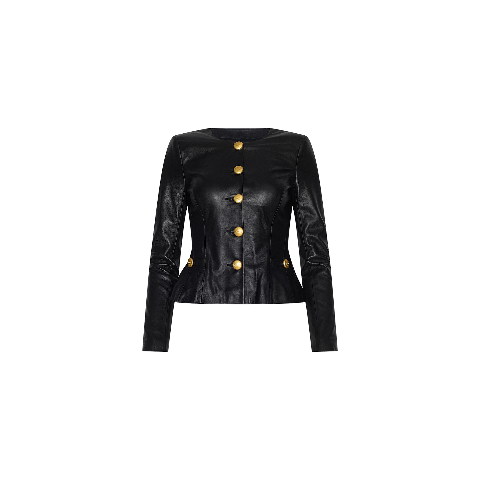 The Mariella Leather Jacket is a collarless black jacket with long sleeves and a fitted waist, crafted from lambskin leather. It features large gold buttons down the front and on the sides, and is displayed against a plain white background.