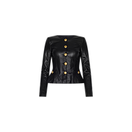 The Mariella Leather Jacket is a collarless black jacket with long sleeves and a fitted waist, crafted from lambskin leather. It features large gold buttons down the front and on the sides, and is displayed against a plain white background.