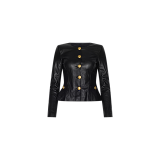 The Mariella Leather Jacket is a black, long-sleeved peplum style with a fitted waist and five large gold buttons down the front, showcased against a plain white background.