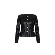Mariella Leather Jacket in black lambskin with a collarless neckline and gold-toned buttons down the front.