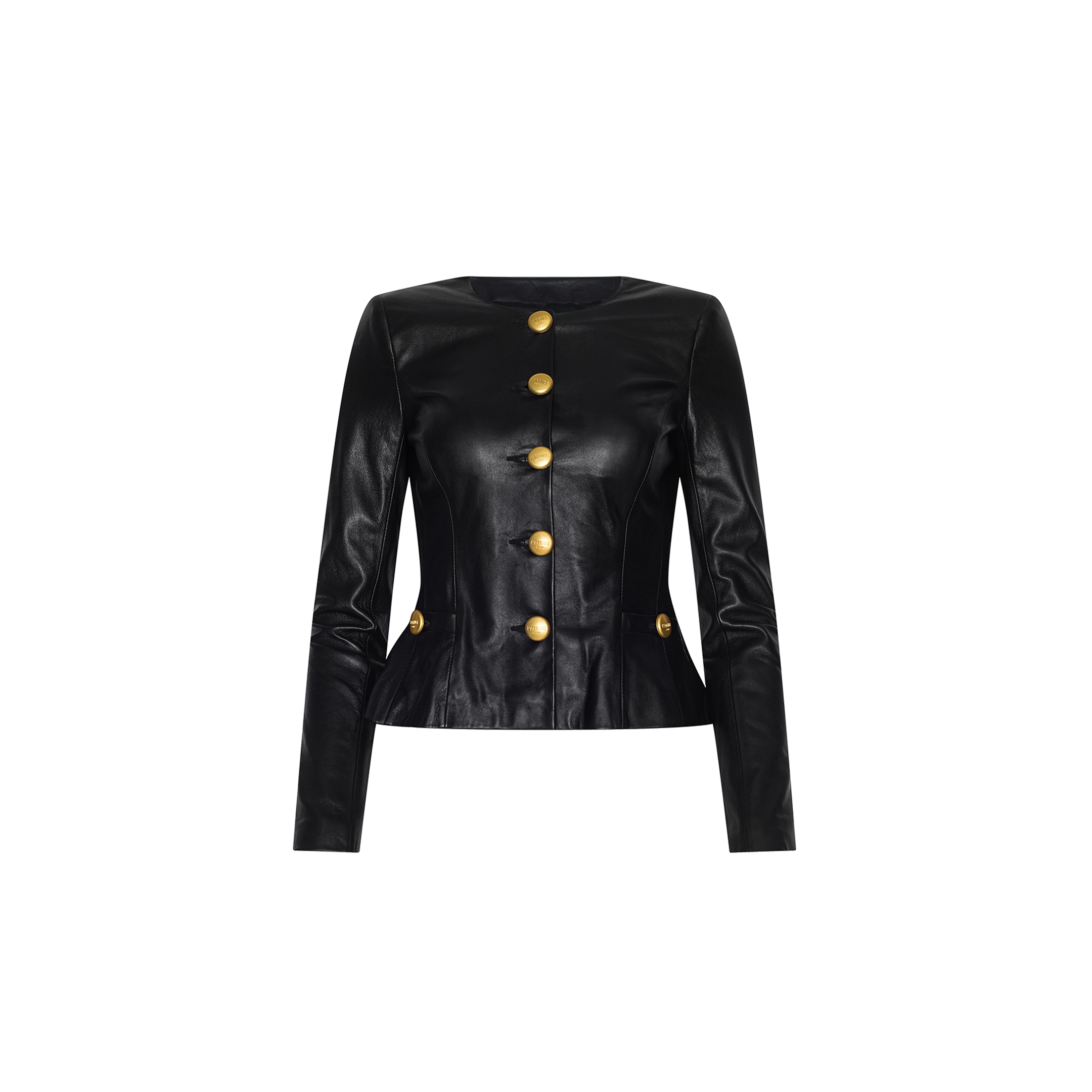 Mariella Leather Jacket in black lambskin with a collarless neckline and gold-toned buttons down the front.