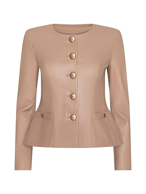 The Mariella Leather Jacket is a light brown, collarless womens jacket with long sleeves, gold front buttons, flared side pockets with gold details, and a smooth leather-like finish.