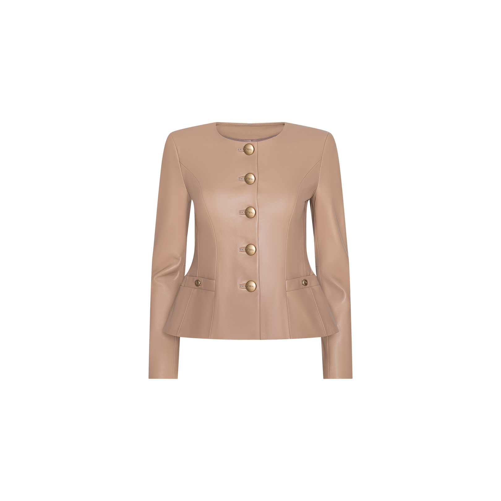 Introducing the Mariella Leather Jacket: chic and sophisticated in a cappuccino hue, this fitted, structured piece is crafted from premium leather. The collarless design features long sleeves and a round neckline, accented with five statement gold buttons down the front and two smaller gold buttons at the waist for an elevated finish.