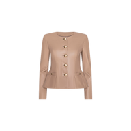 Introducing the Mariella Leather Jacket: chic and sophisticated in a cappuccino hue, this fitted, structured piece is crafted from premium leather. The collarless design features long sleeves and a round neckline, accented with five statement gold buttons down the front and two smaller gold buttons at the waist for an elevated finish.