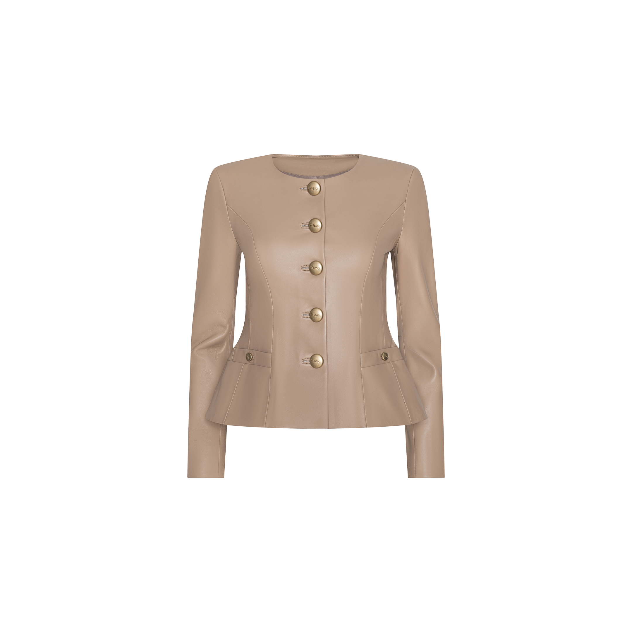 Introducing the Mariella Leather Jacket: chic and sophisticated in a cappuccino hue, this fitted, structured piece is crafted from premium leather. The collarless design features long sleeves and a round neckline, accented with five statement gold buttons down the front and two smaller gold buttons at the waist for an elevated finish.
