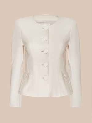 The Mariella Leather Jacket is a cream-colored, fitted, collarless womens jacket with long sleeves, five large front buttons, and decorative waist buttons—an elegant outerwear piece displayed against a beige background.