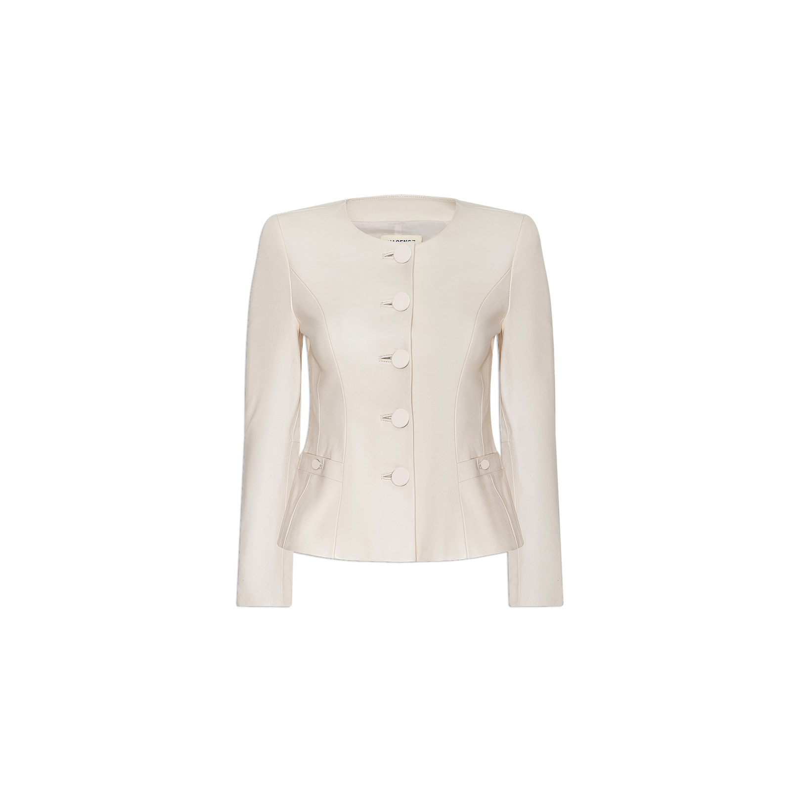 The Mariella Leather Jacket is a cream-colored, long-sleeve collarless women’s jacket featuring large front buttons, a round neckline, and two small flap pockets on each side for a chic and stylish look.