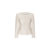 The Mariella Leather Jacket is a cream-colored, long-sleeve collarless women’s jacket featuring large front buttons, a round neckline, and two small flap pockets on each side for a chic and stylish look.