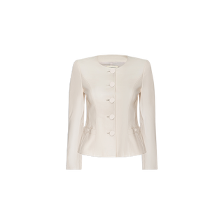The Mariella Leather Jacket is a cream-colored, long-sleeve, collarless women’s jacket featuring five large front buttons, a round neckline, and two small flap pockets near the waist—an elegant choice for women’s fashion, shown on a white background.