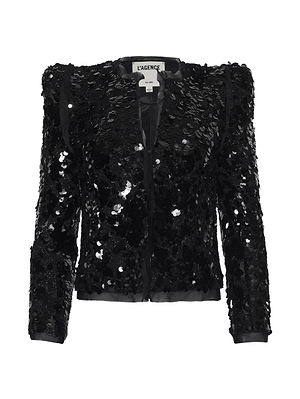 The Shai Paillette Jacket by L'AGENCE is a black, long-sleeved sequin jacket with a deep neckline and a straight, structured fit.