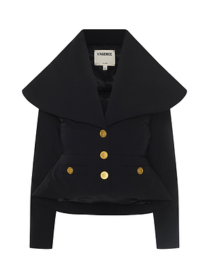 The Pippa High Collar Jacket is a black tailored blazer with a wide collar, gold front buttons, and two front pockets, shown against a white background.