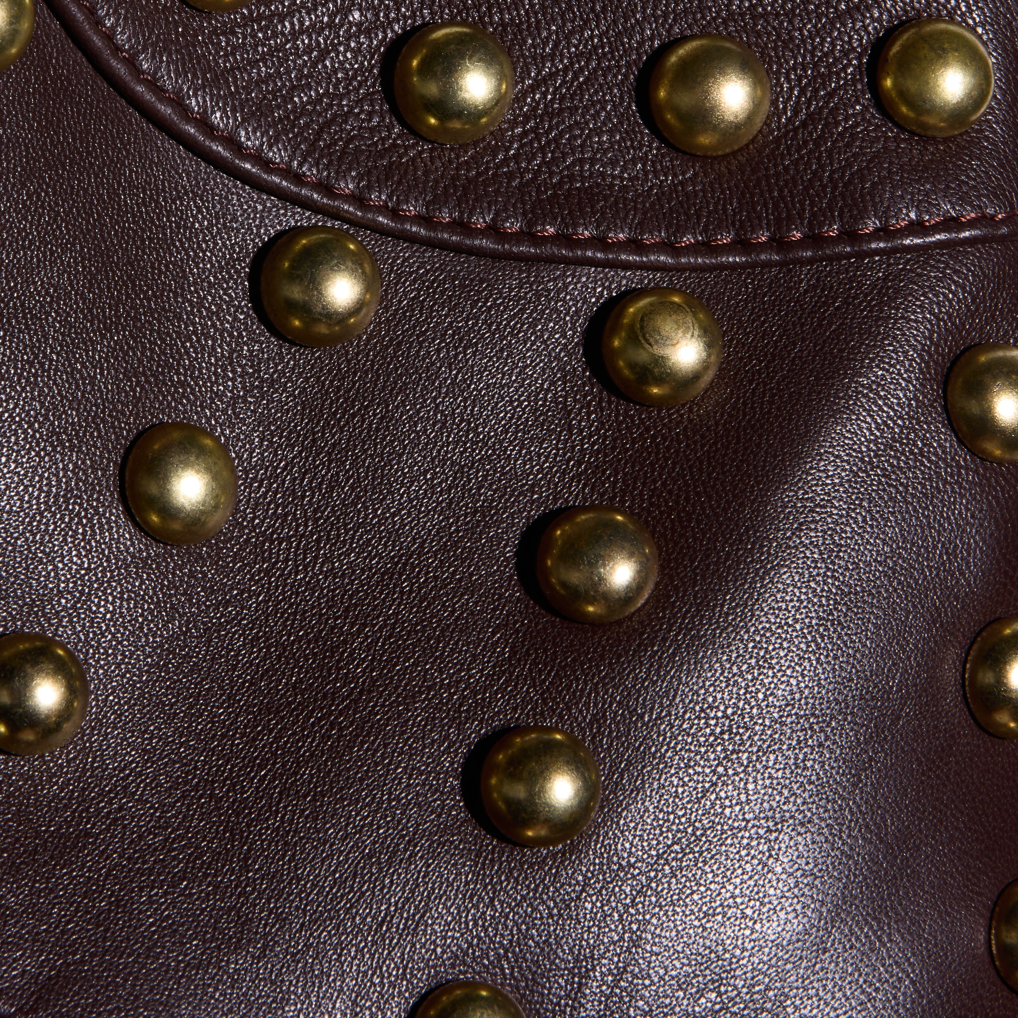 Fia Leather Jacket in chocolate brown lambskin, detailed with rows of round, gold-tone metal studs.
