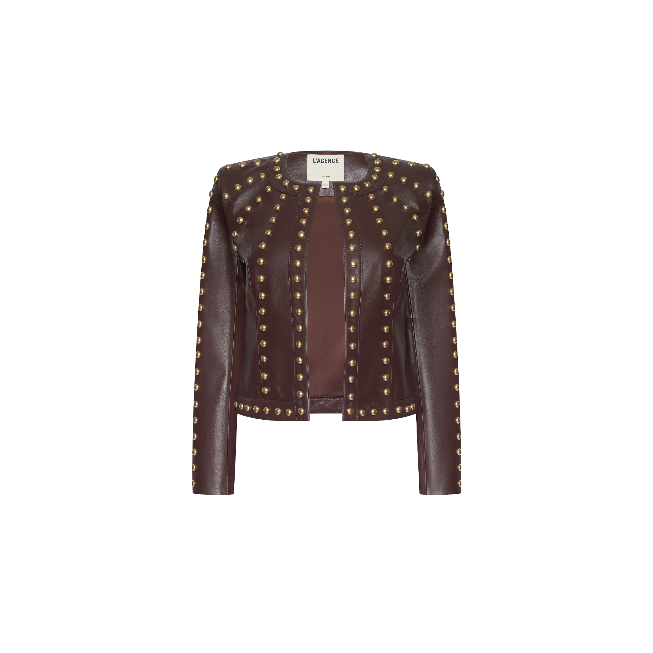 Fia Leather Jacket in chocolate brown lambskin with a collarless design and gold dome studs lining the front opening and shoulders.
