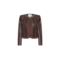 Fia Leather Jacket in chocolate brown lambskin with a collarless design and gold dome studs lining the front opening and shoulders.