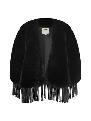 The Nathalia Faux Fur Cape by L'AGENCE features a black faux fur design with an open front and long black leather fringe along the hem, shown against a white background.