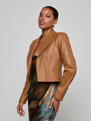 leather blazer dress L'AGENCE Dulcie Leather Blazer In Soft Cognac