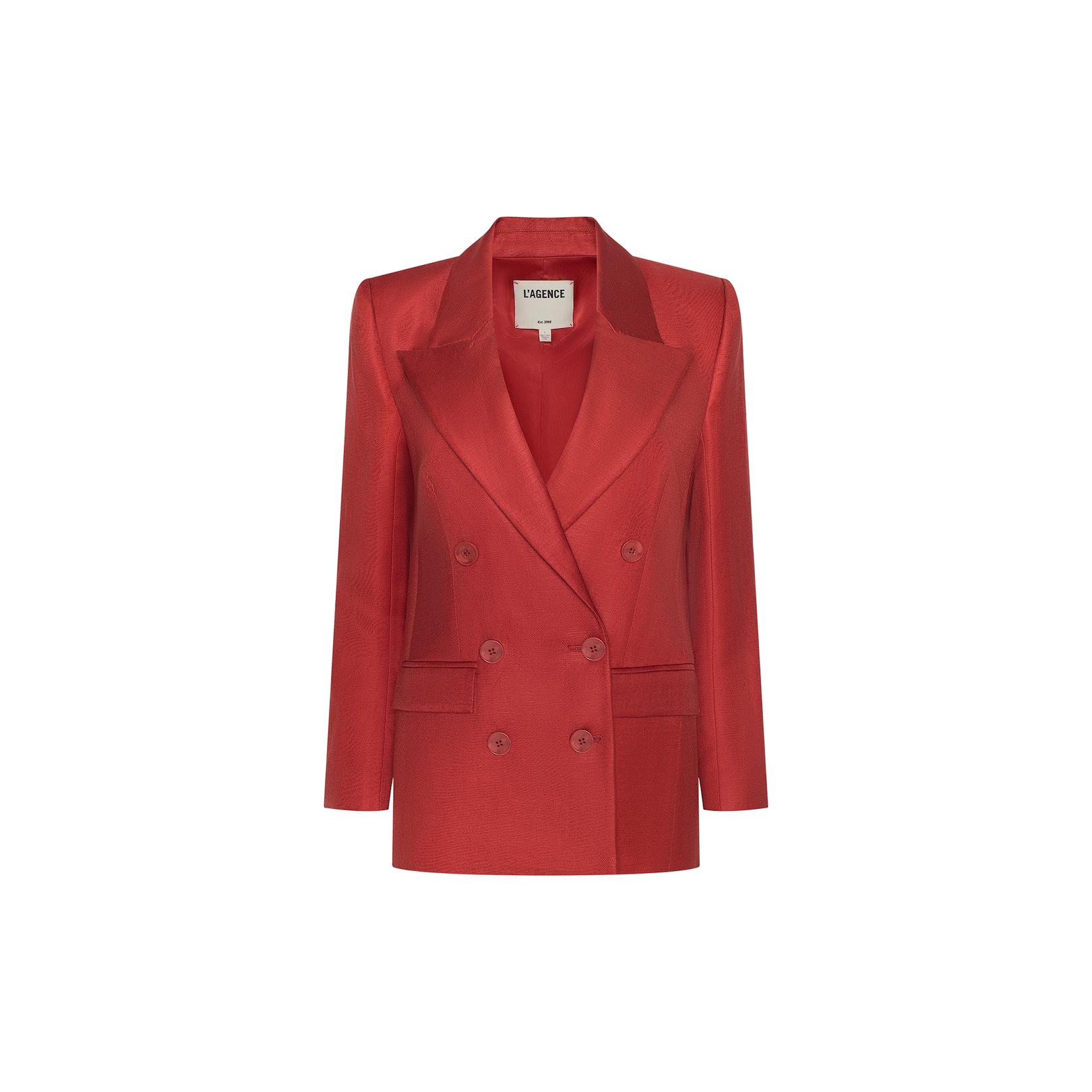 The Cambrie Oversized Blazer is a statement piece, featuring a double-breasted design in red linen with wide lapels and long sleeves, showcased against a plain white background.