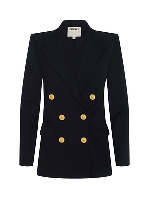 The Cambrie Oversized Blazer by L'AGENCE is a black double-breasted women’s blazer featuring six gold buttons and two front flap pockets, shown against a plain white background.