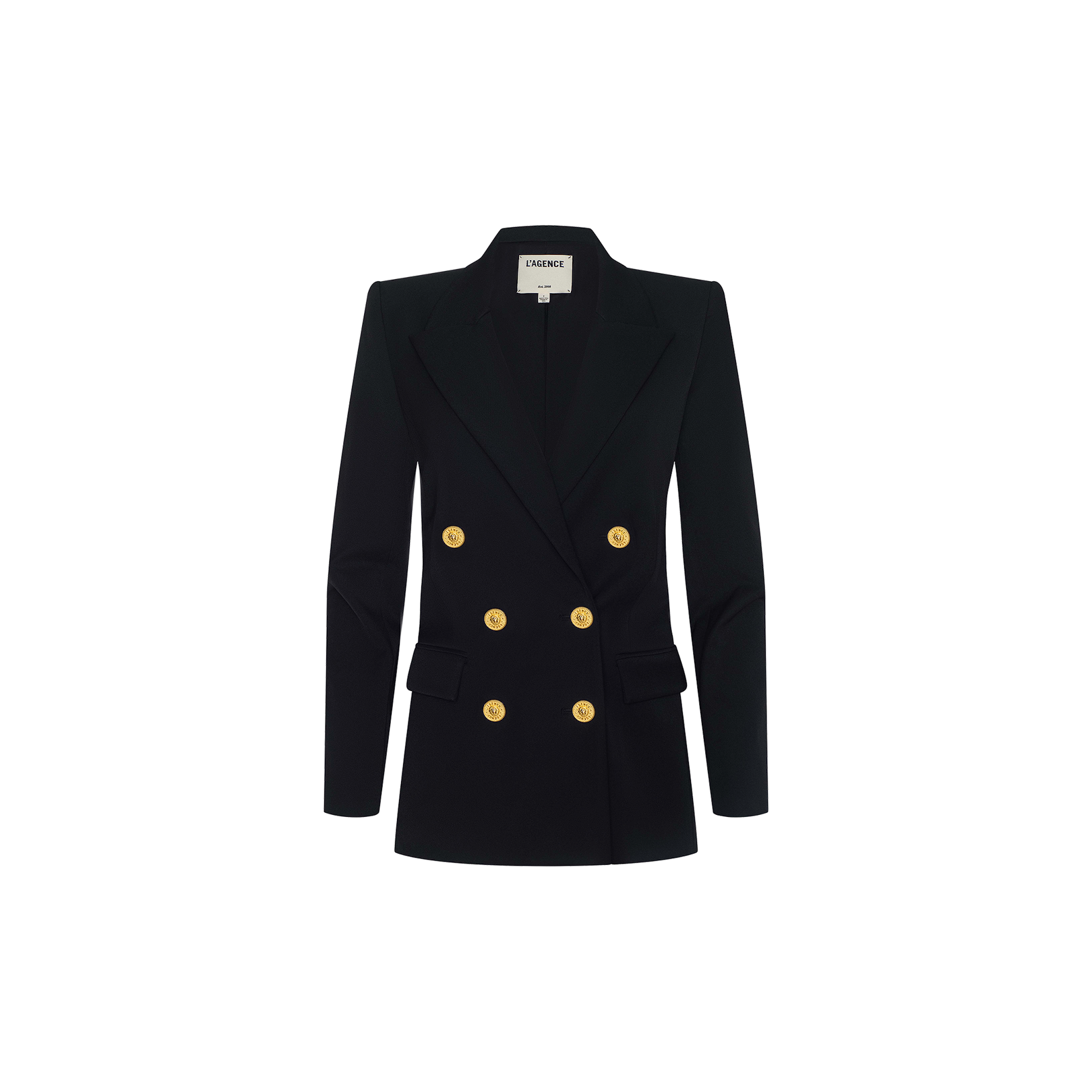 The Cambrie Oversized Blazer is a black double-breasted women’s blazer featuring gold buttons, sharp lapels, and two front flap pockets, displayed on a white background.