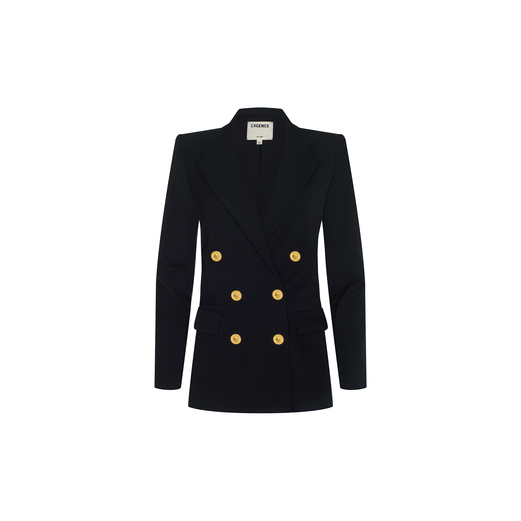 The Cambrie Oversized Blazer is a black double-breasted blazer featuring gold buttons, two front pockets, and a structured fit. Crafted from stretch suit fabric, it is displayed on a plain white background.