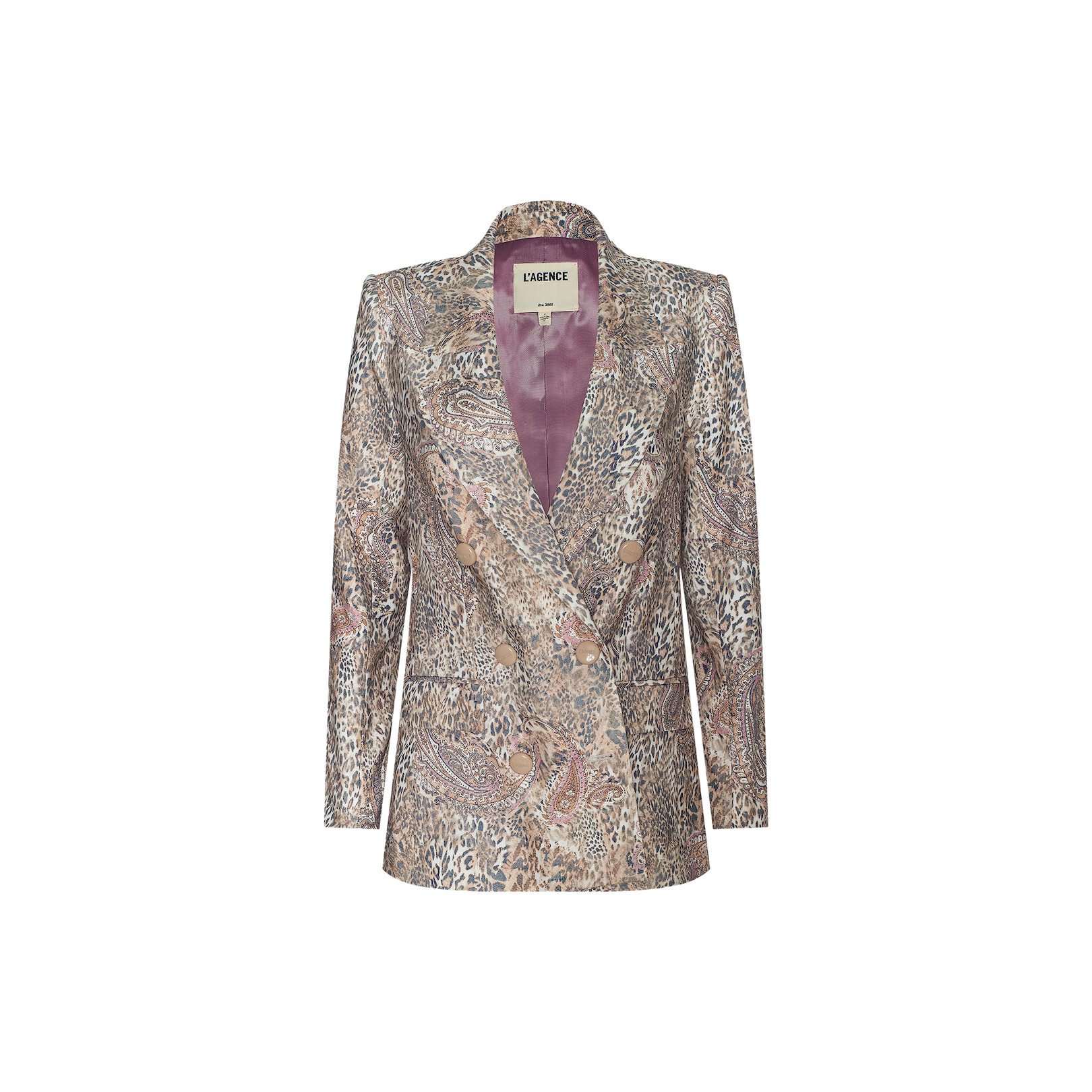 The Cambrie Oversized Linen-Blend Blazer for women features a shiny, multicolored animal print pattern and a mauve satin lining, displayed on a plain white background.