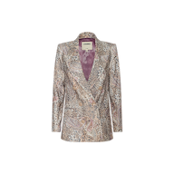 The Cambrie Oversized Linen-Blend Blazer is a double-breasted women’s blazer crafted from a linen-cotton blend, featuring a mix of animal print and paisley designs in muted tones. It is styled with peak lapels and finished with a mauve inner lining.