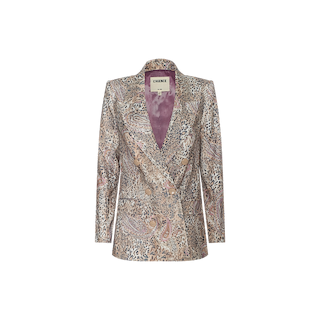 The Cambrie Oversized Linen-Blend Blazer for women features a shiny, multicolored animal print pattern and a mauve satin lining, displayed on a plain white background.