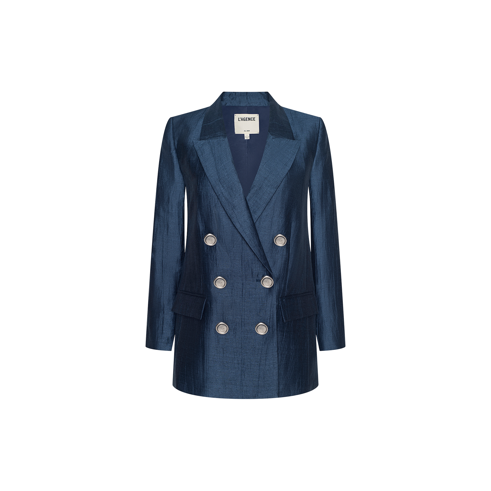 The Cambrie Oversized Blazer, featuring a double-breasted design in dark blue with long sleeves, six silver buttons, and two front pockets, is displayed against a plain white background.