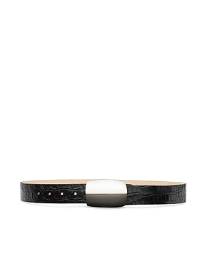 The Milou Belt by L'AGENCE is a black, handcrafted leather accessory featuring a croc-embossed texture and a large rectangular silver-plated buckle, shown against a white background.