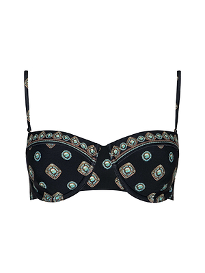 The Alexandria Bikini Top is a black balconette with thin adjustable straps and underwire, featuring a geometric medallion print in turquoise and brown circular patterns.