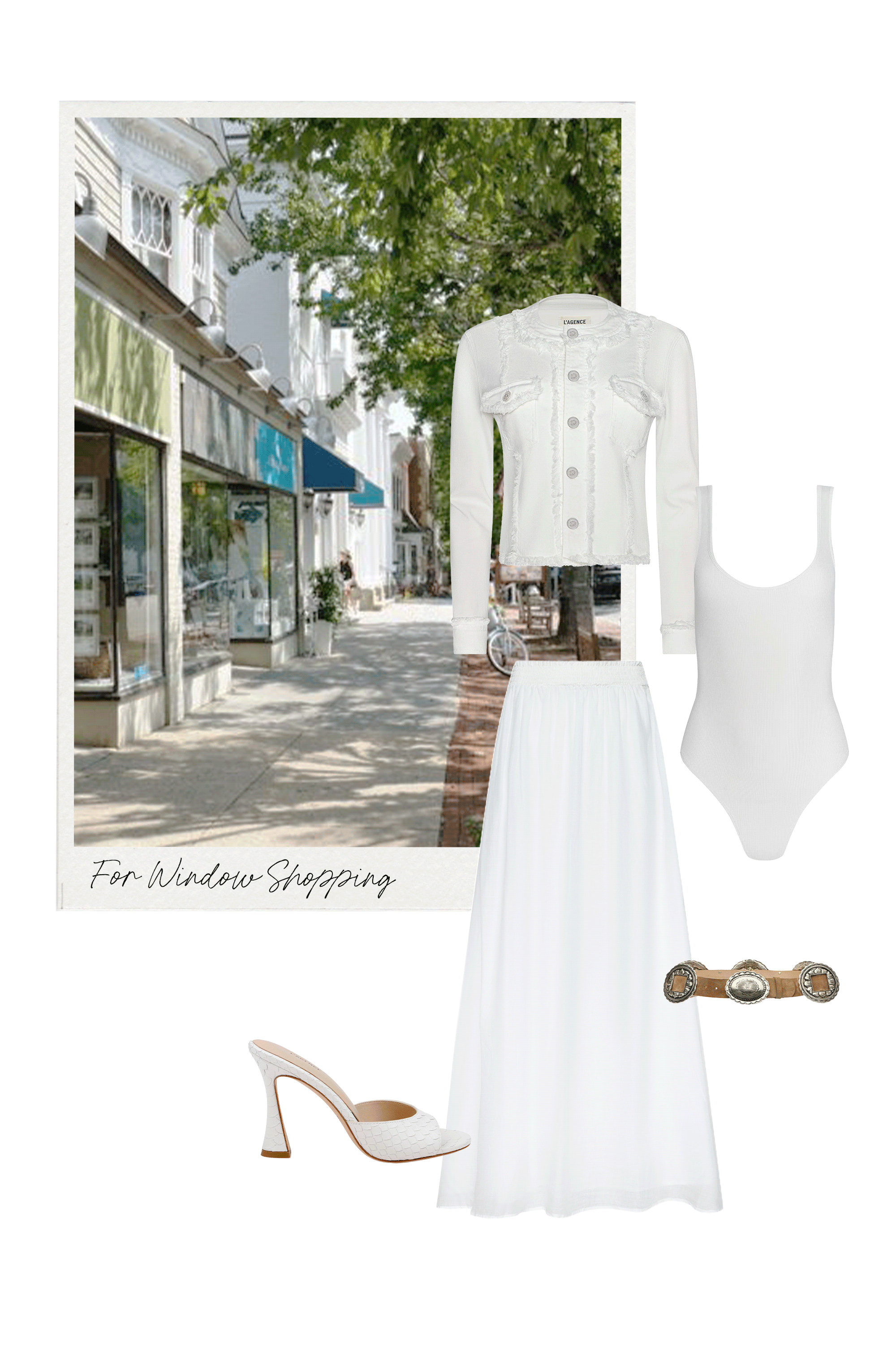 A collage featuring a photo of a tree-lined shopping street and an outfit: a white denim jacket, white tank bodysuit, white midi skirt, white heeled sandal, and a brown belt. Text reads For Window Shopping.