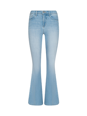 The Taney Low-Rise Flare Jean features a light blue wash, front and back pockets, belt loops, and stretch denim for comfort, shown on a white background.