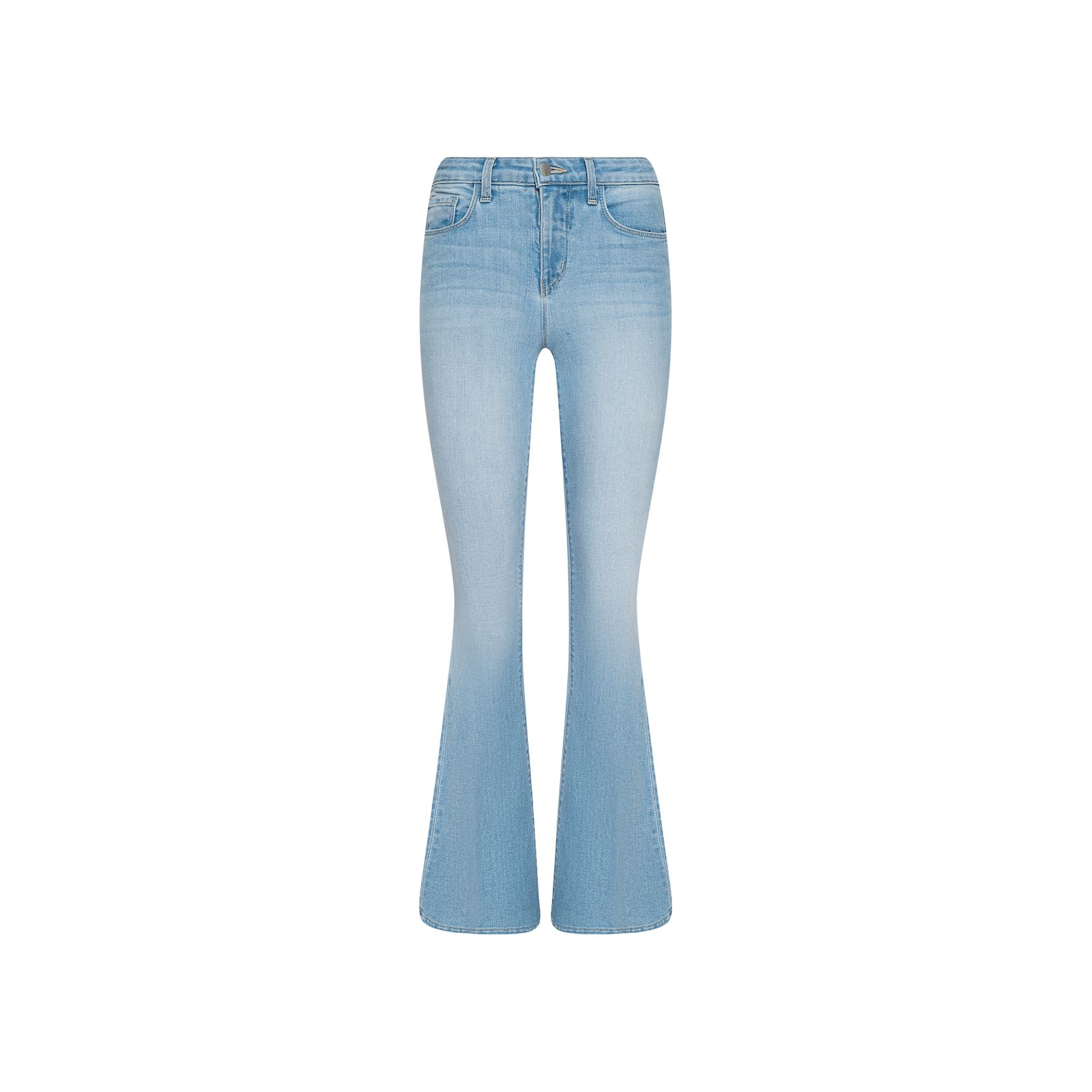 Taney Low-Rise Flare Jeans in light blue, crafted from stretch denim with a faded wash effect. These jeans feature front and back pockets and a button and zip closure, displayed on a plain white background.