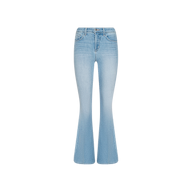 Taney Low-Rise Flare Jeans in light blue, crafted from stretch denim with a faded wash effect. These jeans feature front and back pockets and a button and zip closure, displayed on a plain white background.