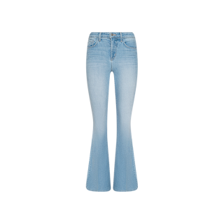 Introducing the Taney Low-Rise Flare Jean in light blue, showcased on a plain white background. Made from comfortable stretch denim, these jeans feature a low-rise fit, front pockets, a button closure, and a classic five-pocket design.