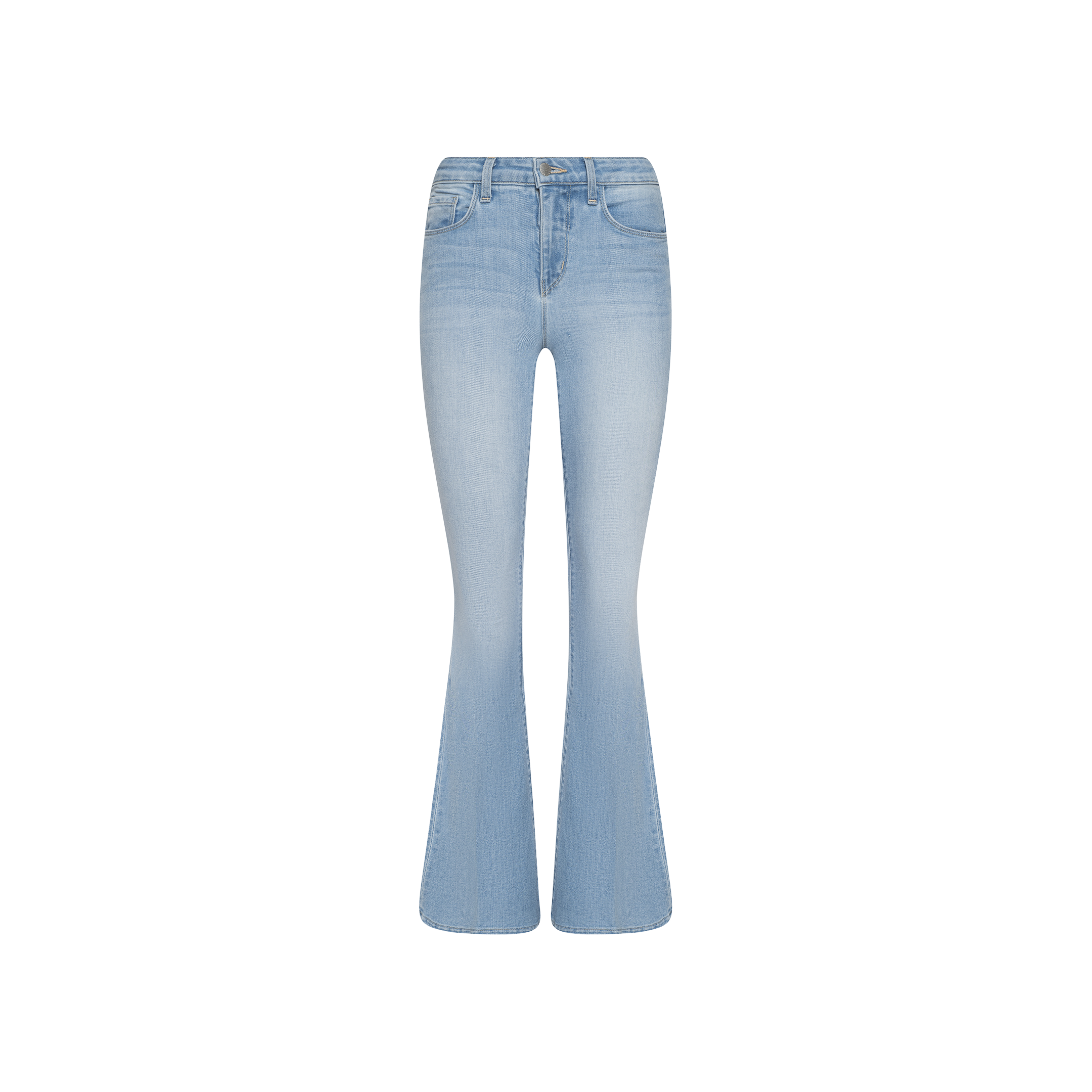 Taney Low-Rise Flare Jeans in light blue, crafted from stretch denim with a faded wash effect. These jeans feature front and back pockets and a button and zip closure, displayed on a plain white background.