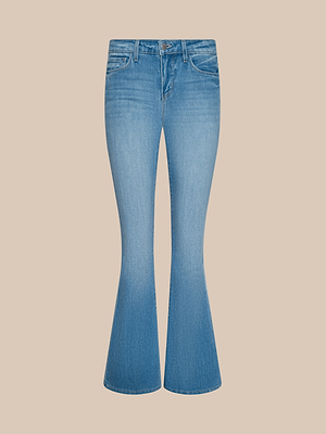 The Taney Low-Rise Flare Jean in light indigo features a blue wash, front pockets, and belt loops, showcased on a plain beige background.
