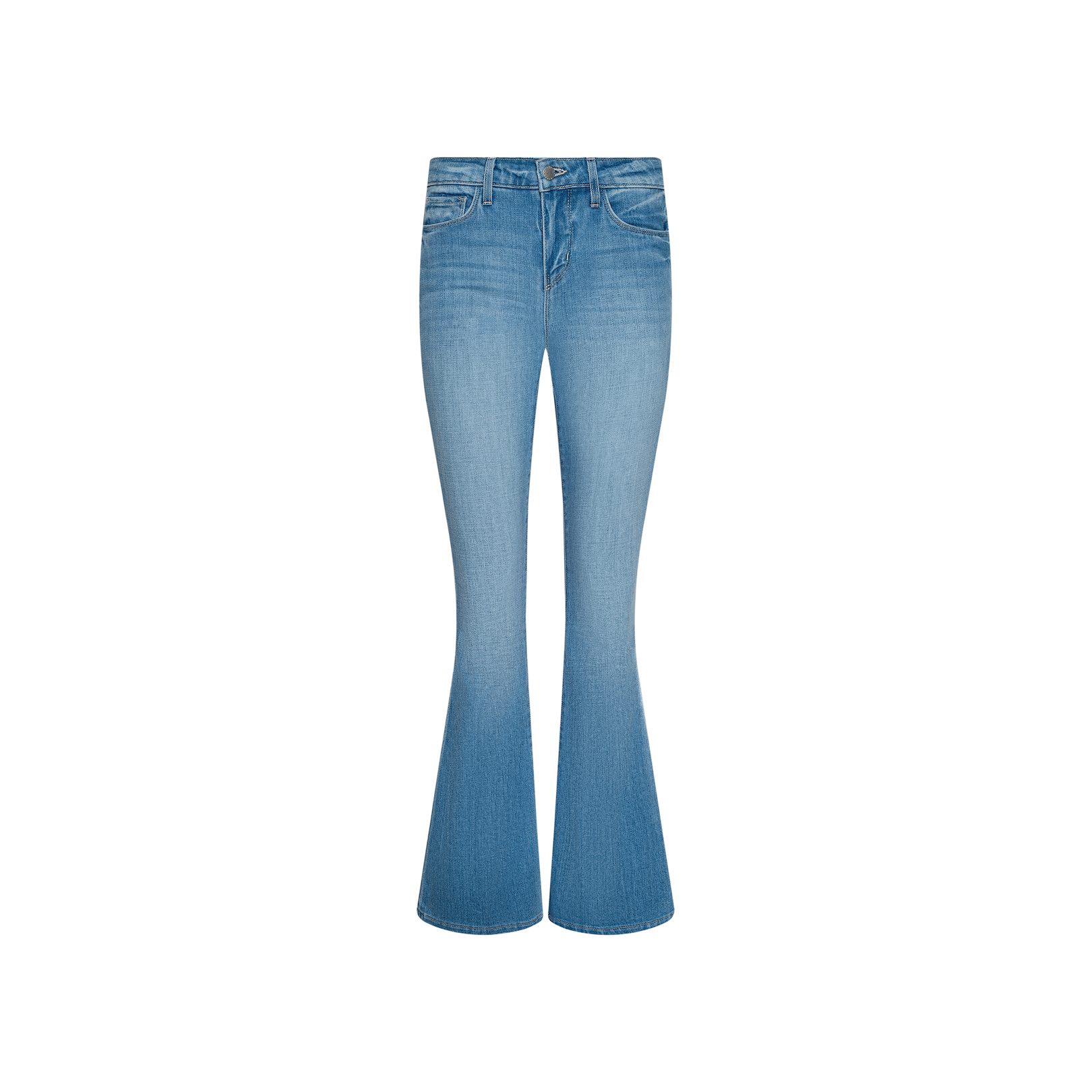 Taney Low-Rise Flare Jean in a light indigo wash, featuring front pockets and a button-and-zipper closure, displayed on a plain white background.