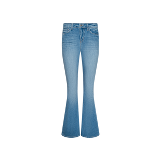 The Taney Low-Rise Flare Jean features a light blue stretch denim in a classic five-pocket style, with a fitted waist and thighs that transition into wide flared legs. Designed with front button and zipper closure, these low-rise jeans come in a light indigo wash and are shown against a plain white background.