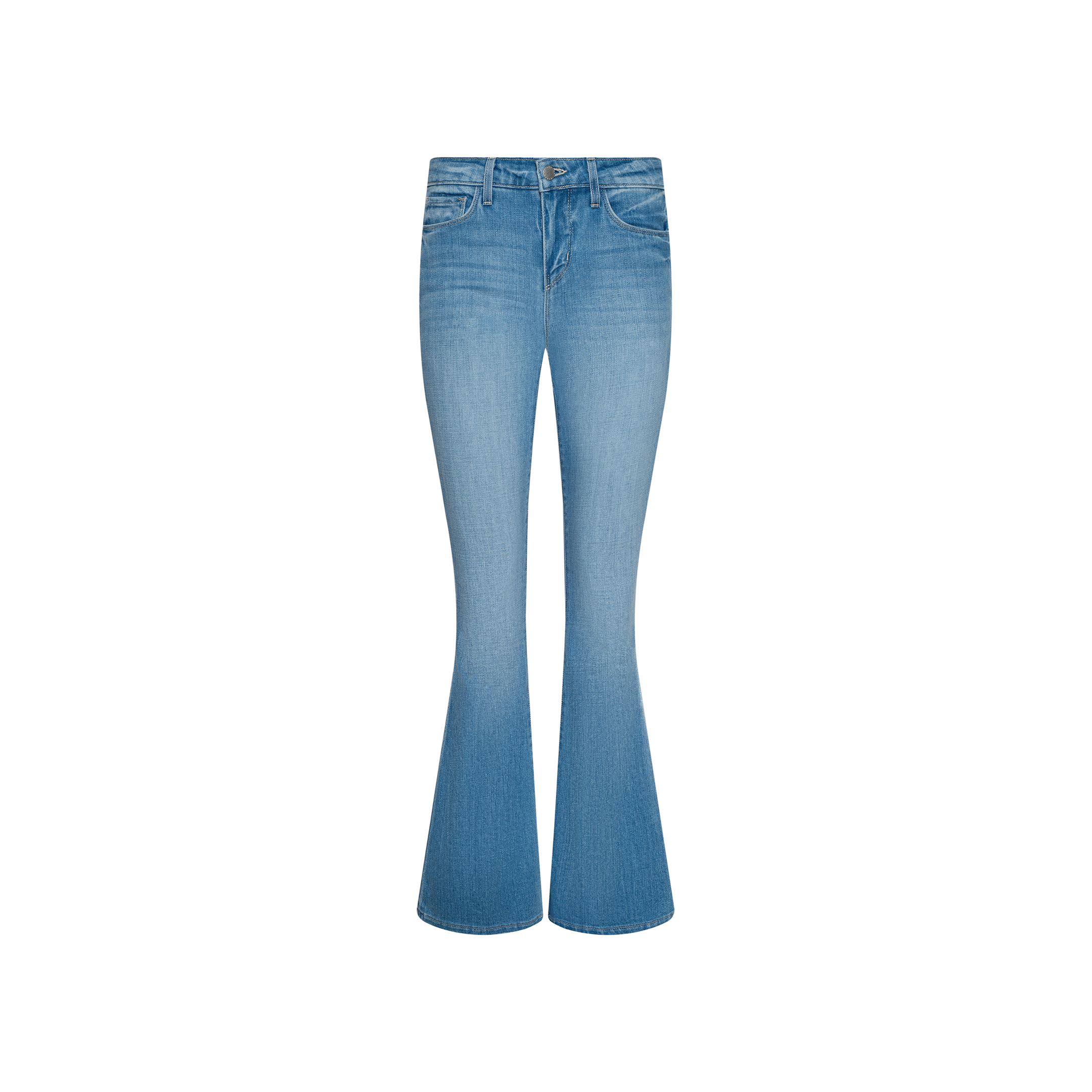 Taney Low-Rise Flare Jean in a light indigo wash, featuring front pockets and a button-and-zipper closure, displayed on a plain white background.