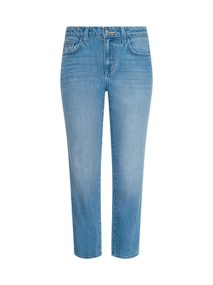 The Thalina Cropped Stovepipe Jean in light blue wash features a straight-leg cut, five pockets, and a button fly, shown against a white background.